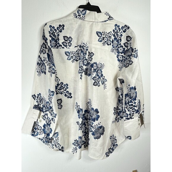Chicos 100% Linen No Iron Floral Stamp Print Ink Blue 1.5 Button Up Blouse M 10 - Picture 7 of 9